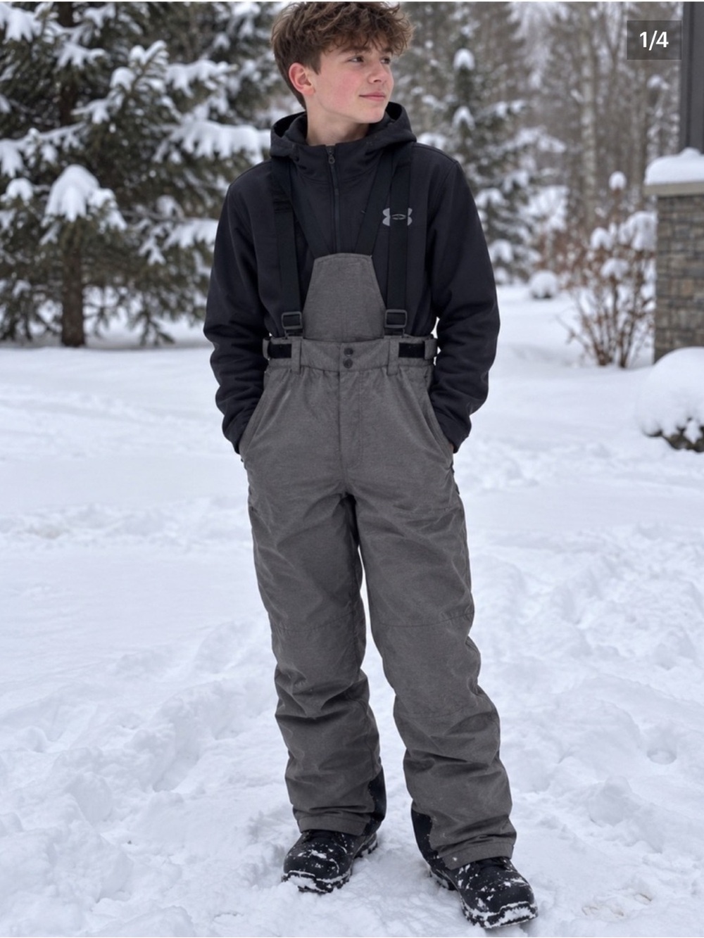 Vamos Ski Bib Pants in Gray with Black Straps size 14 teen